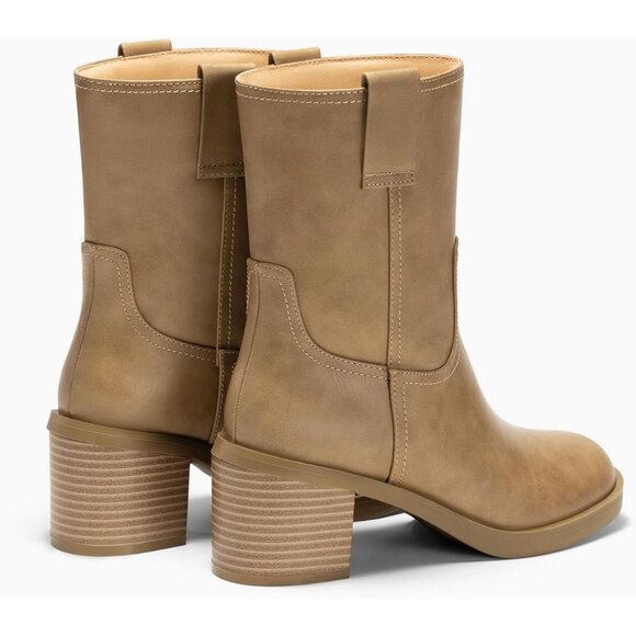 Women's Khaki Platform Mid Calf Boots - Chunky Block Heel Round Toe Stylish - Picture 4 of 5